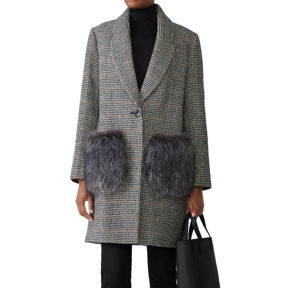 Kendall & Kylie Houndstooth Fur Pocket Wool Coat